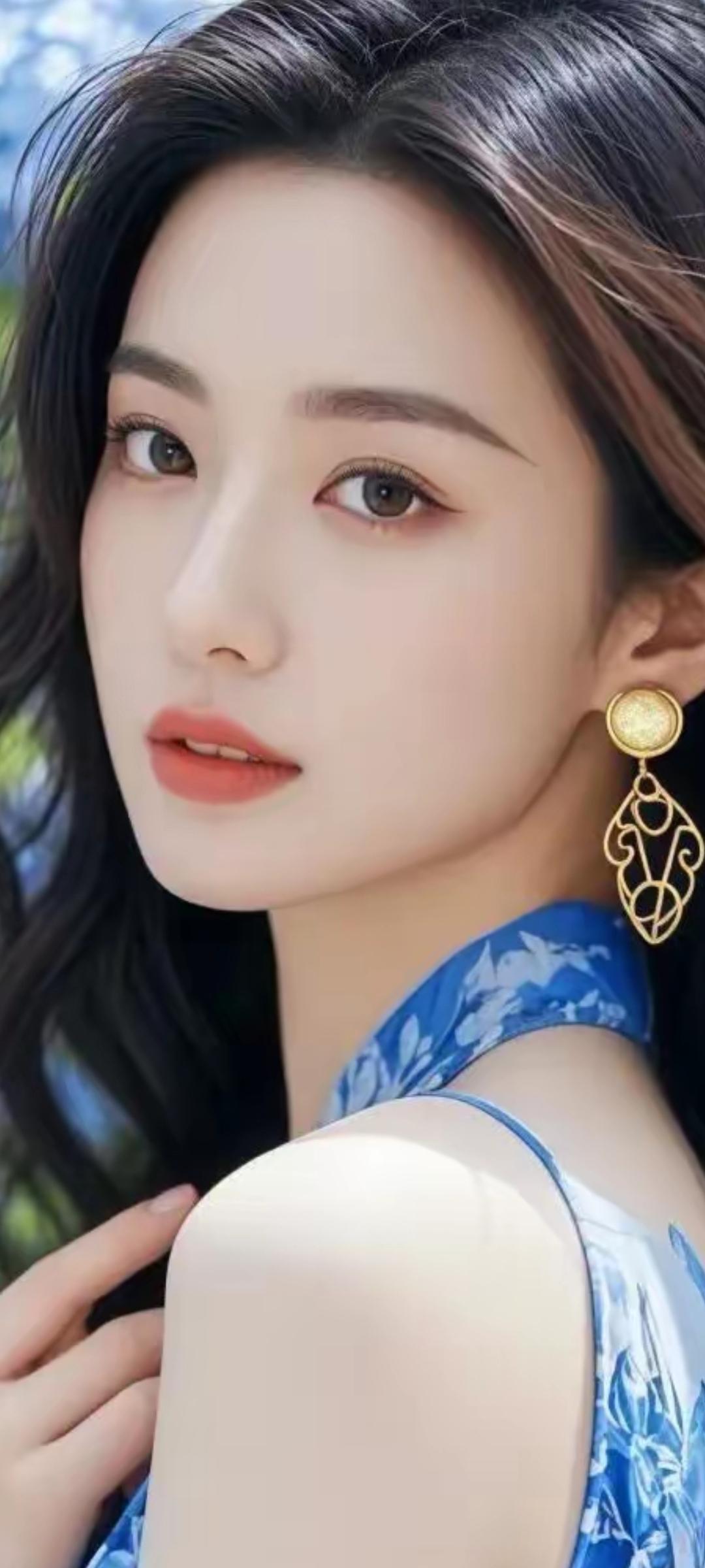 优雅蓝裙少女，金饰耳环闪耀，清新自然妆容，夏日风情满满。