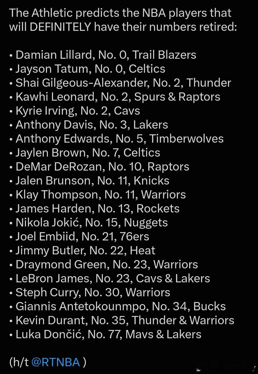 《The Athletic》预测：这些NBA球员球衣号码会被球队退役，你们认为呢