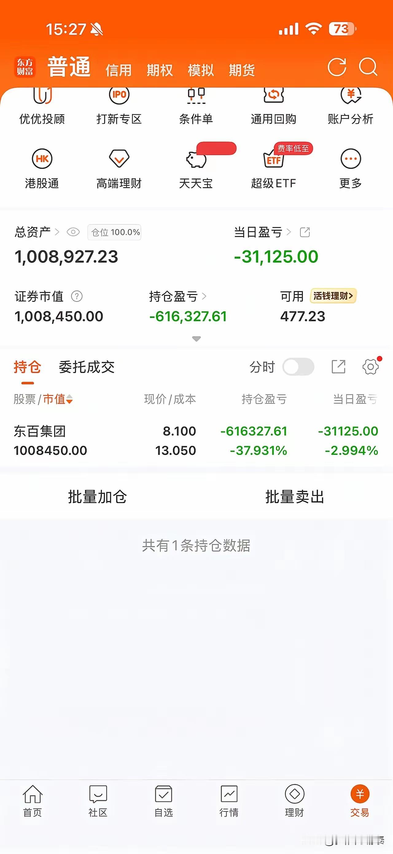 主力最喜欢的接盘侠，就是我朋友这种散户
 
晒下朋友满仓东百集团的账户，总资产一
