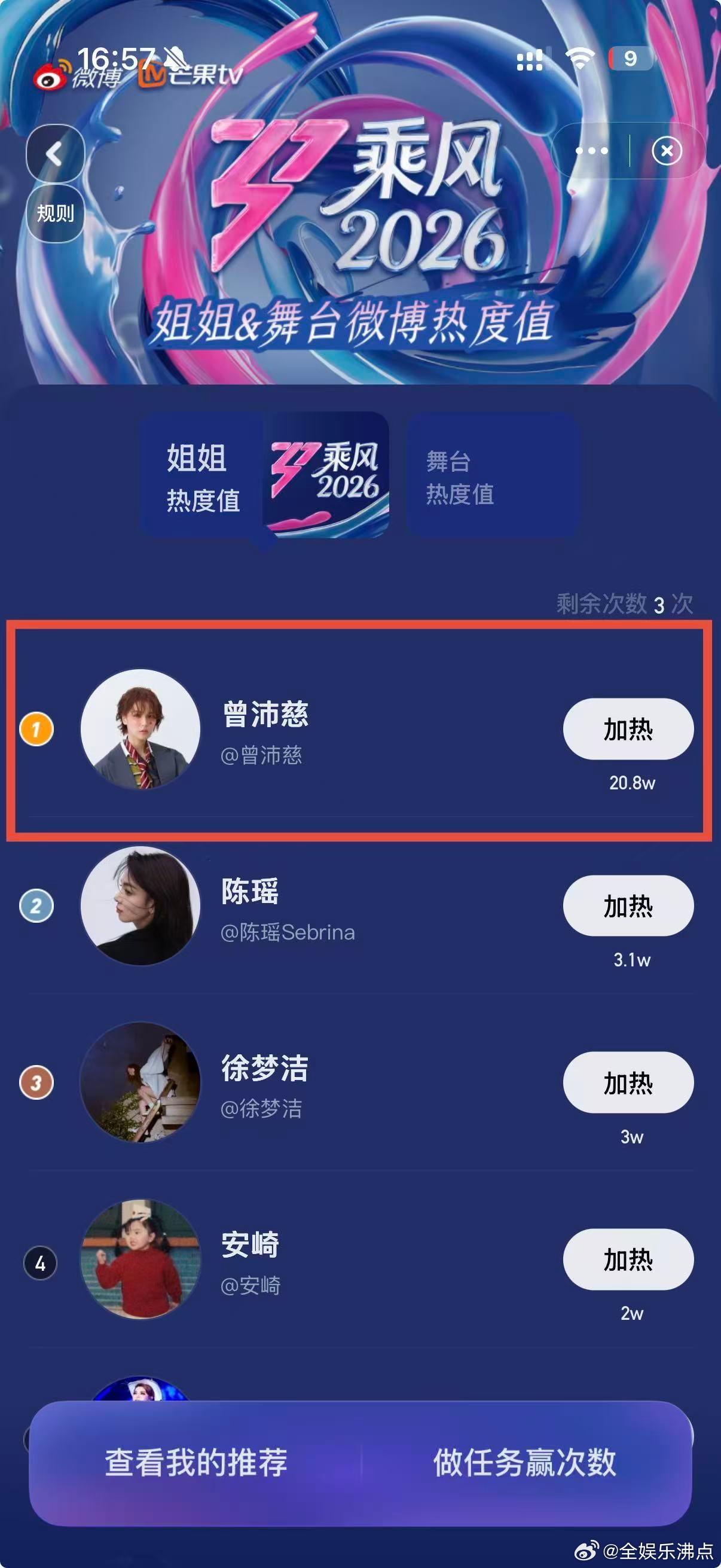 曾沛慈热度值破20万曾沛慈 断层第一曾沛慈初舞台《一个人想着一个人》微博热度值突
