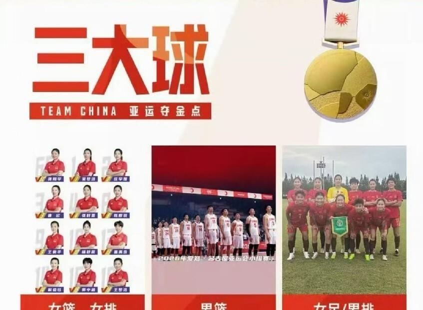 名古屋亚运会三大球全部收官，中国队6支队伍一个没掉队，全进了四强，最后拿到1金2