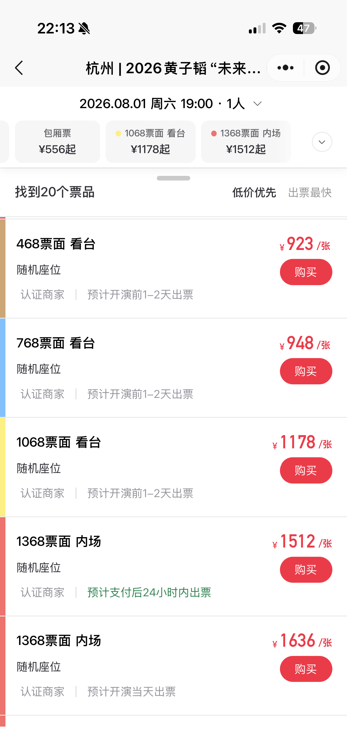 还有两天开演，二级市场溢价了，看来没有多少余票了，今年演唱会还是非常成功的，黄子