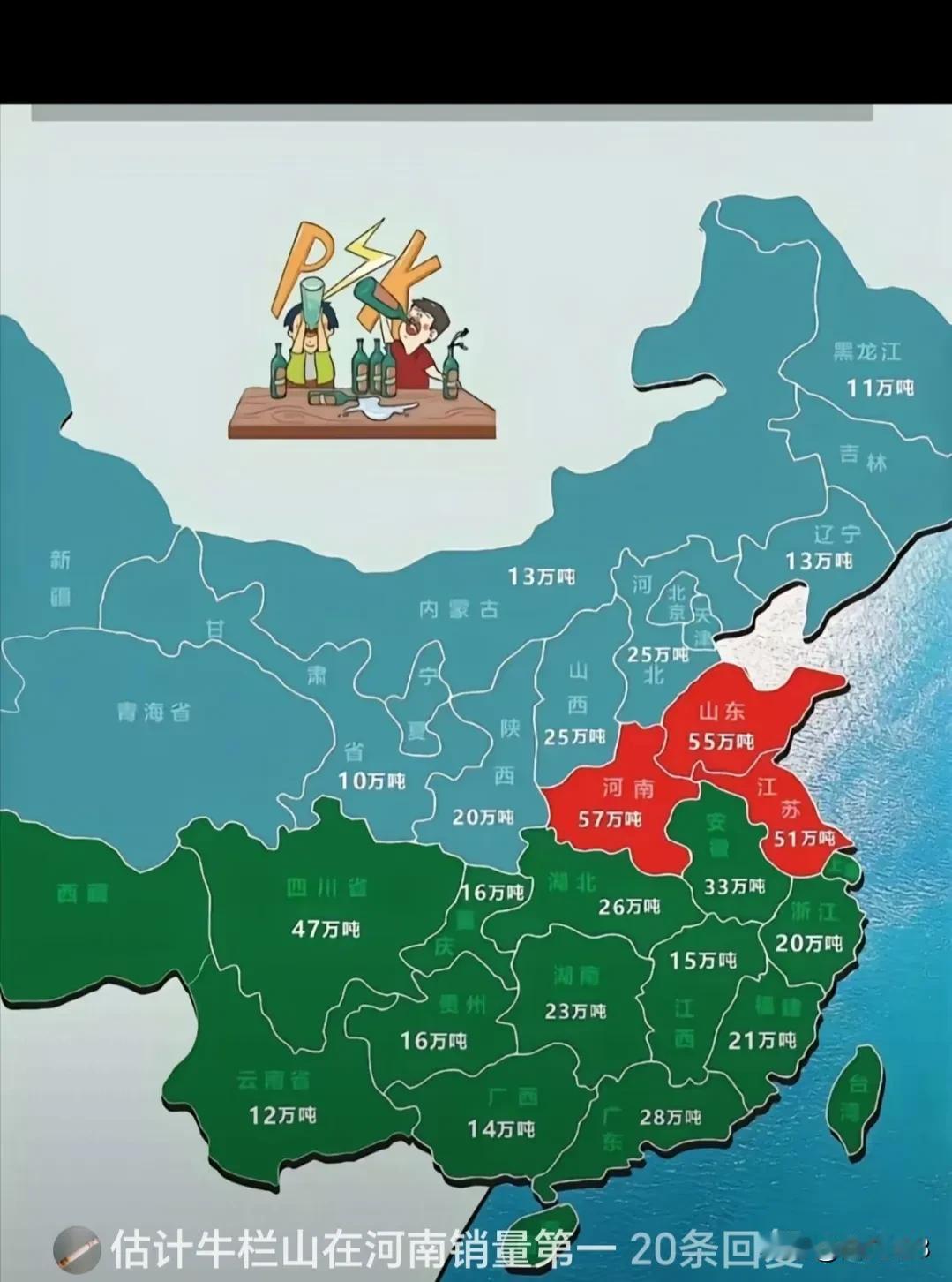 真是小看了河南，全国白酒消耗大省，河南第一，山东第二，江苏第三！
东北虎，西南狼