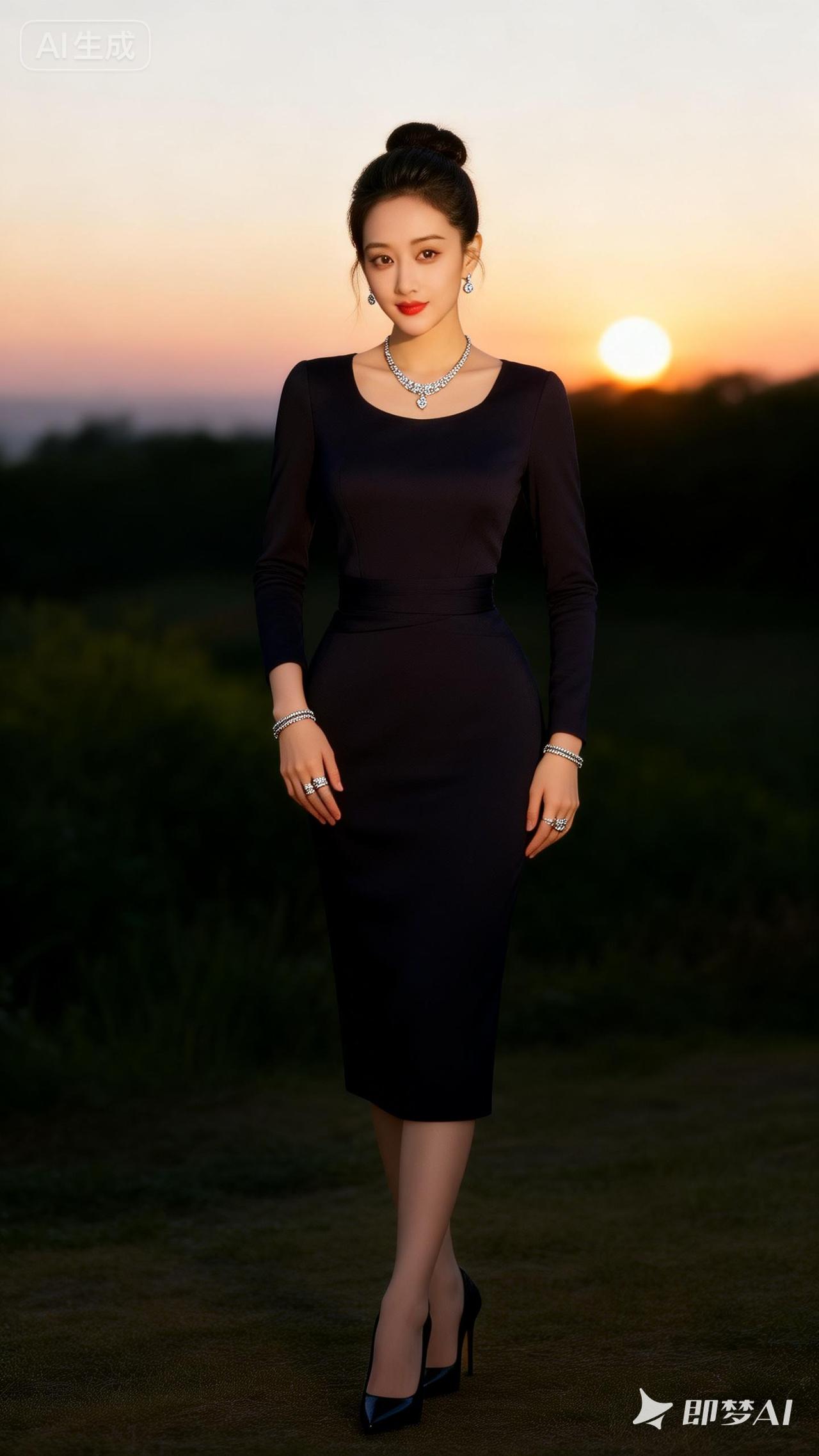优雅黑裙，夕阳下的迷人时刻