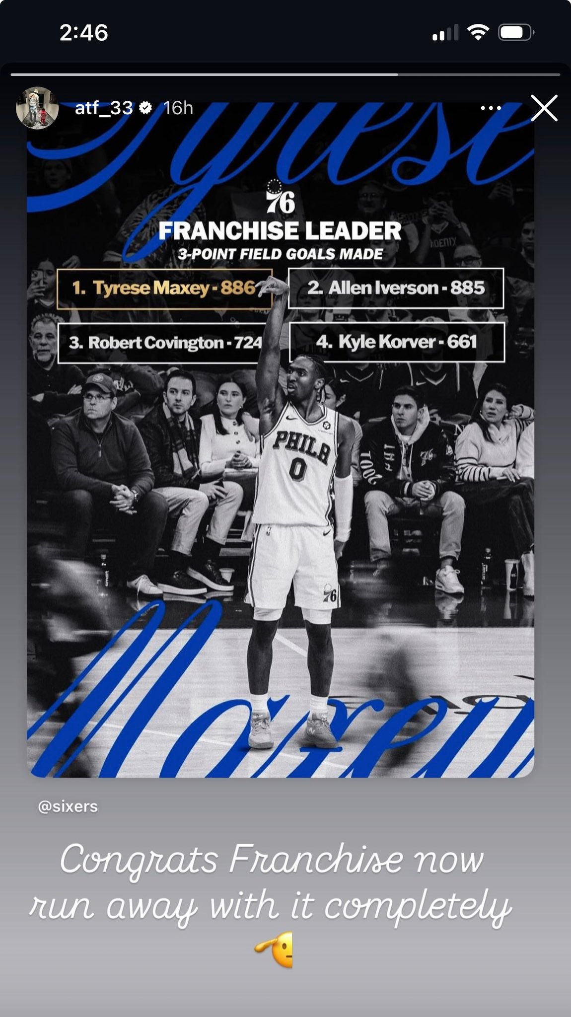 罗伯特·科温顿在个人社交媒体上对泰雷斯·马克西创造球队纪录表示祝贺！“恭喜新纪录