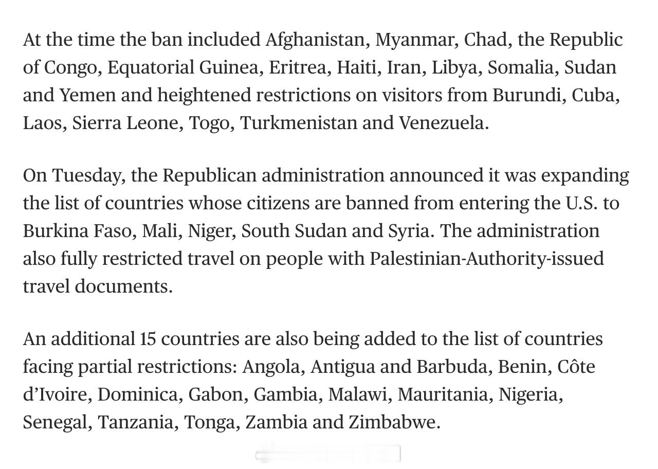 川普政府正在扩大旅行禁令，新增五个国家，同时对其他国家施加新的入境限制。将全面禁