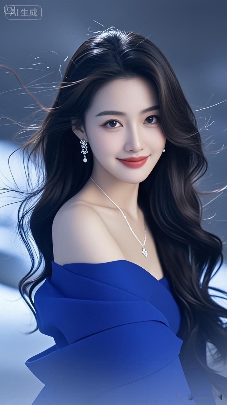 优雅蓝裙，温柔笑容，美如画卷。