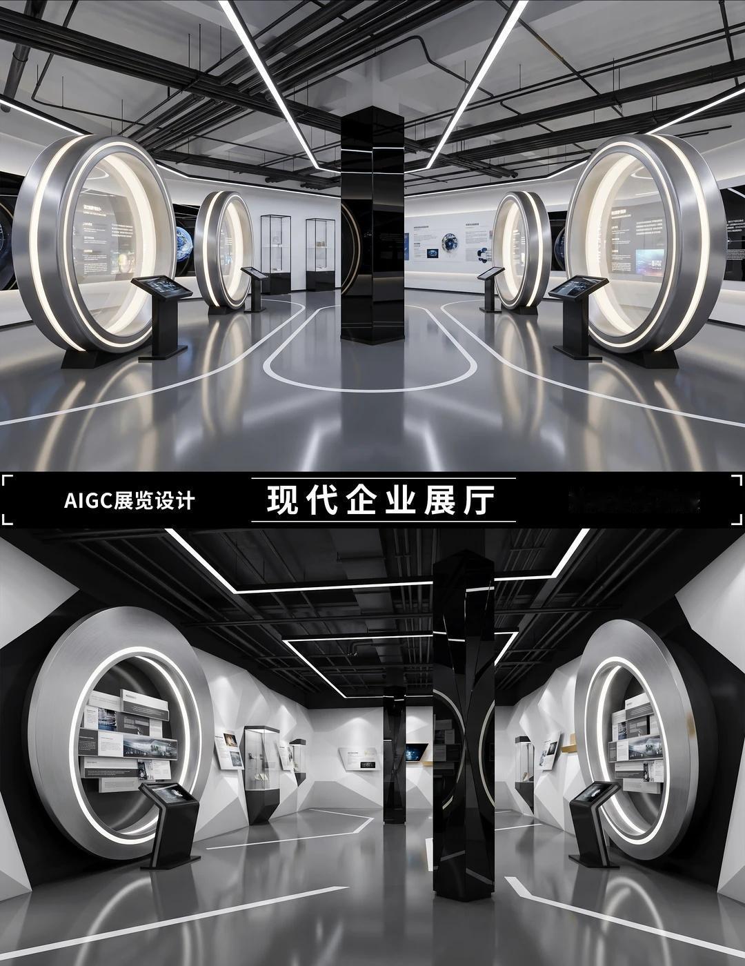 科技展馆｜把未来感直接搬进现实✨
白灰极简工业风，环形装置 + 灯带拉满未来氛围