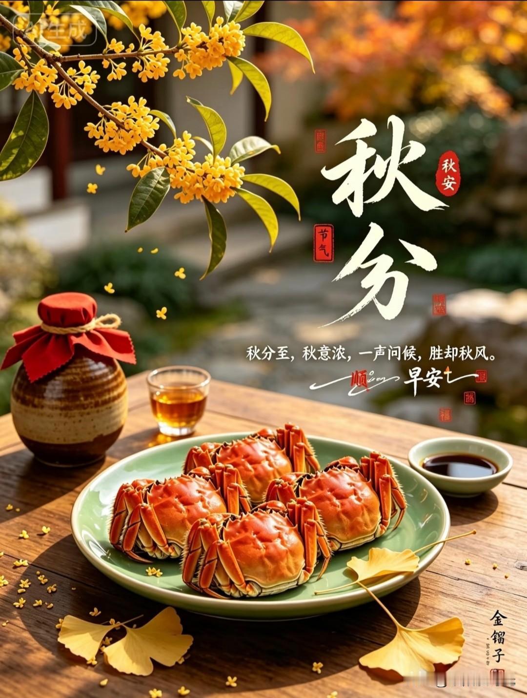 秋分
 
秋分至，秋意浓。桂香漫庭，蟹肥膏满，风染金黄银杏，岁月温柔安然。
人间