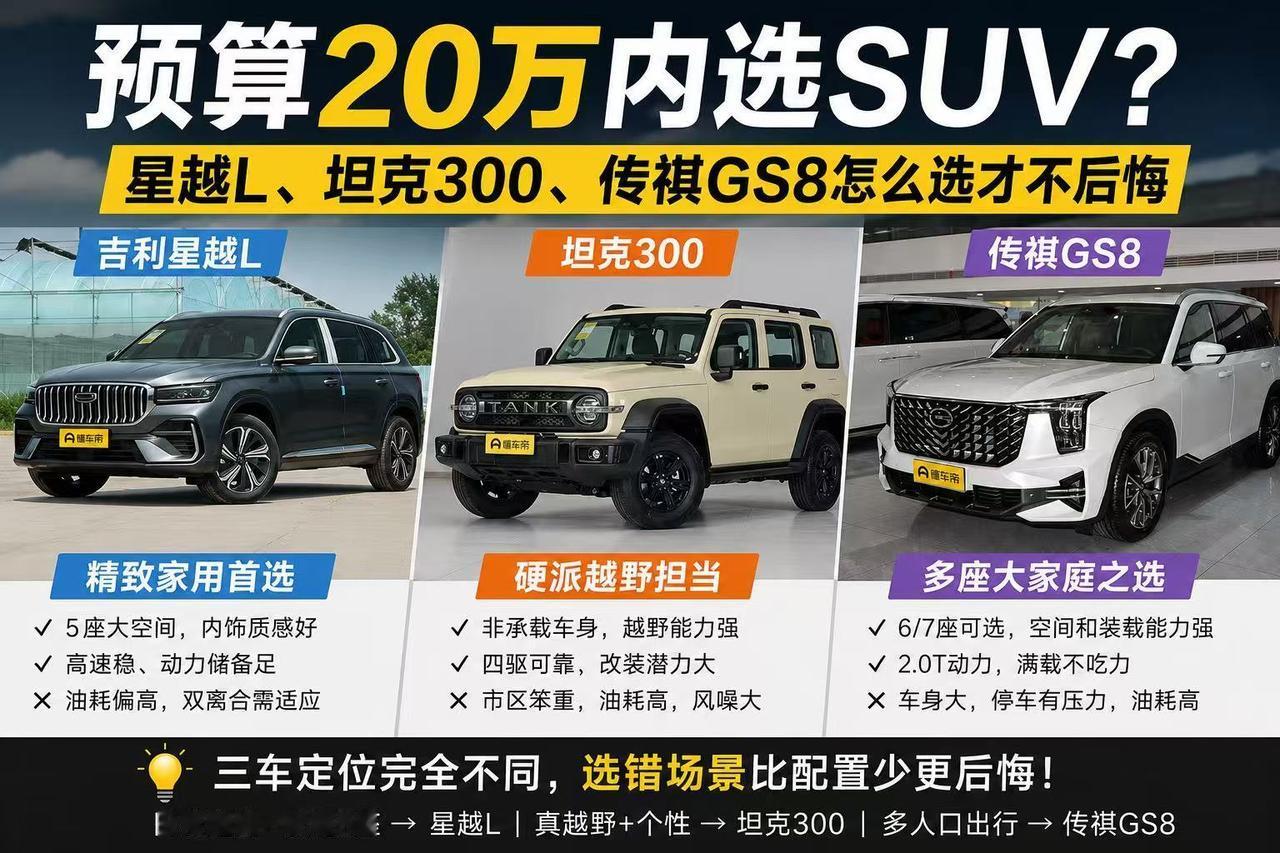 同价位却不是一类车：星越L、坦克300、传祺GS8怎么选？
 
坚持买燃油车，预