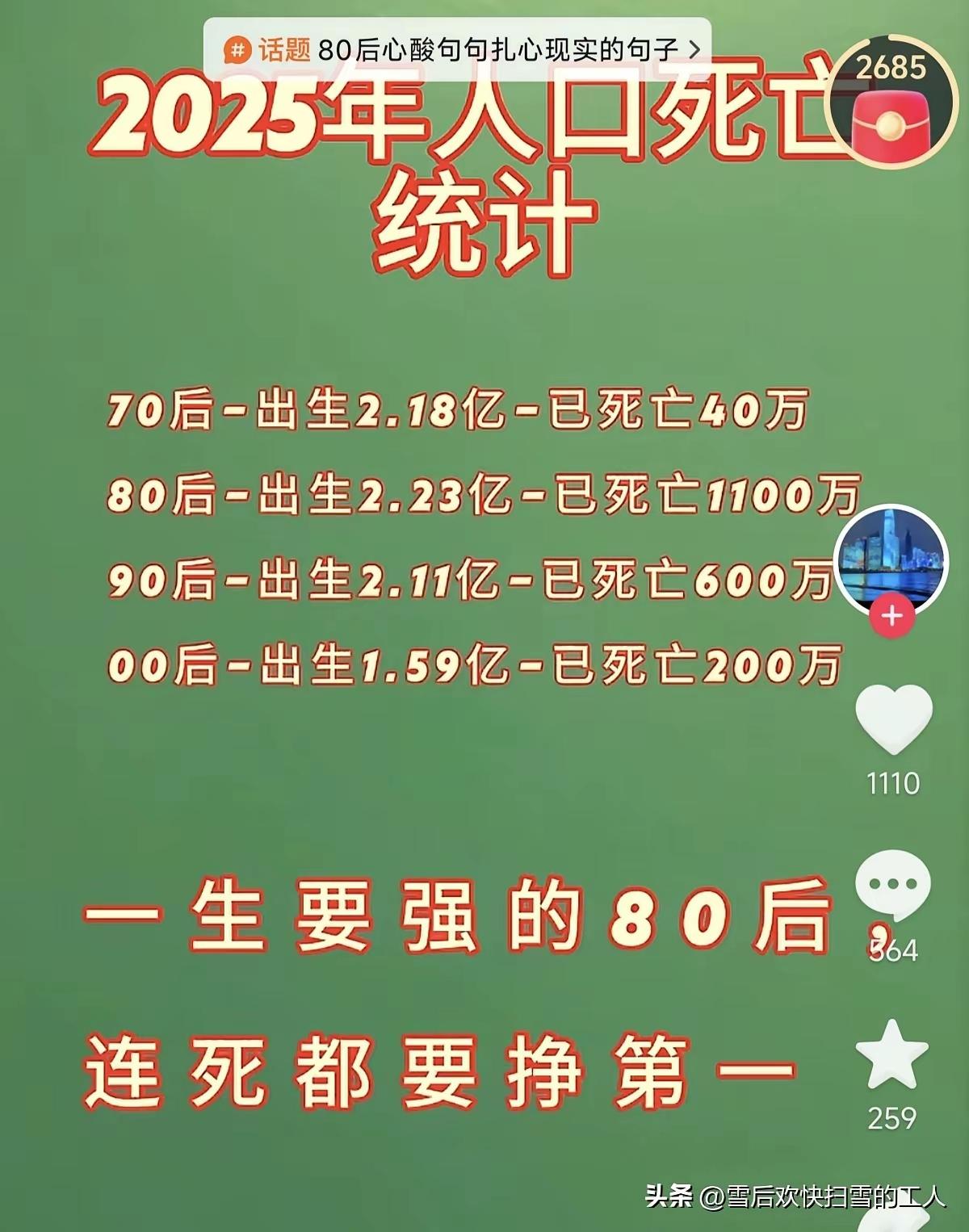 80后这么多都走了，数据太吓人，即使80年出生的人，到退休还要15年，这15年不
