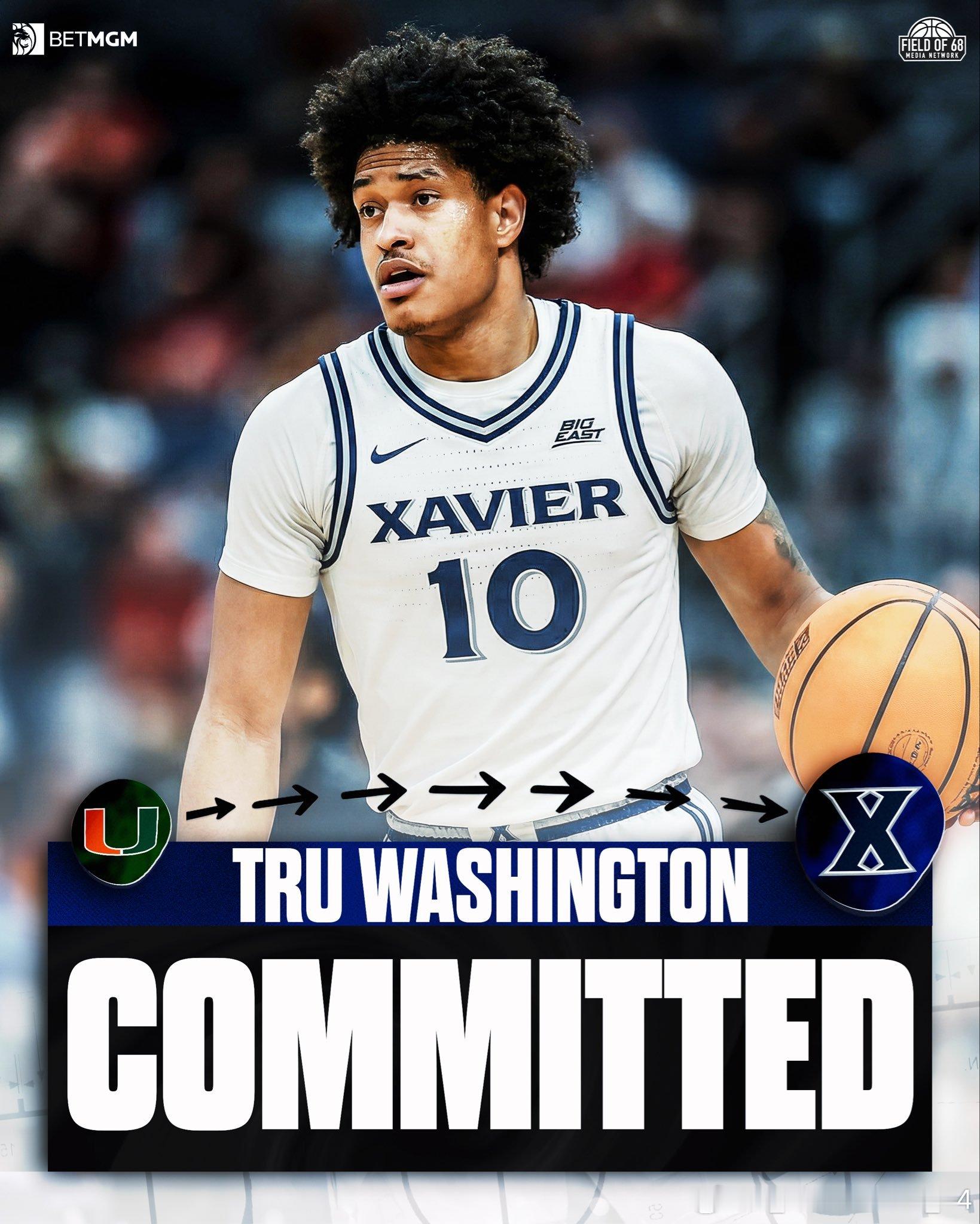 迈阿密大学后卫特鲁·华盛顿(Tru Washington)转学加盟泽维尔大学这位