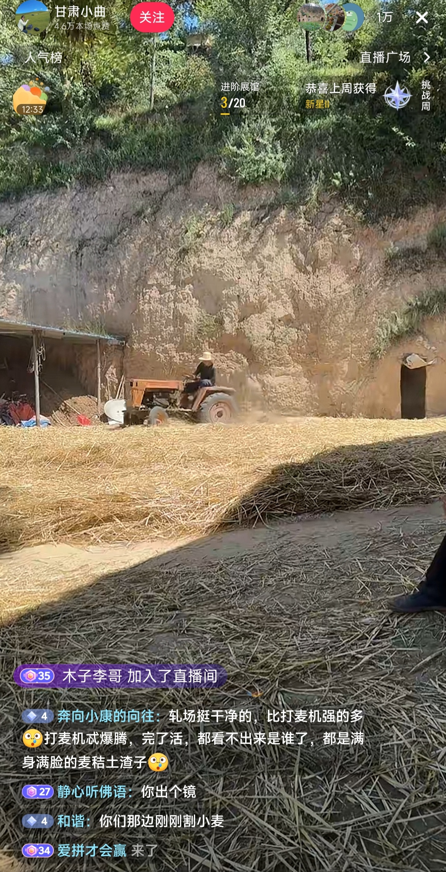 抖音直播还是太全面了，一万多人在线看甘肃碾场以前没有收割机的时候，小麦用镰刀割，