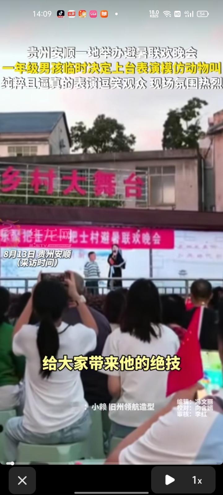 8月12日，贵州安顺。村里举办避暑联欢晚会，一年级男孩临时决定上台模仿动物叫声，