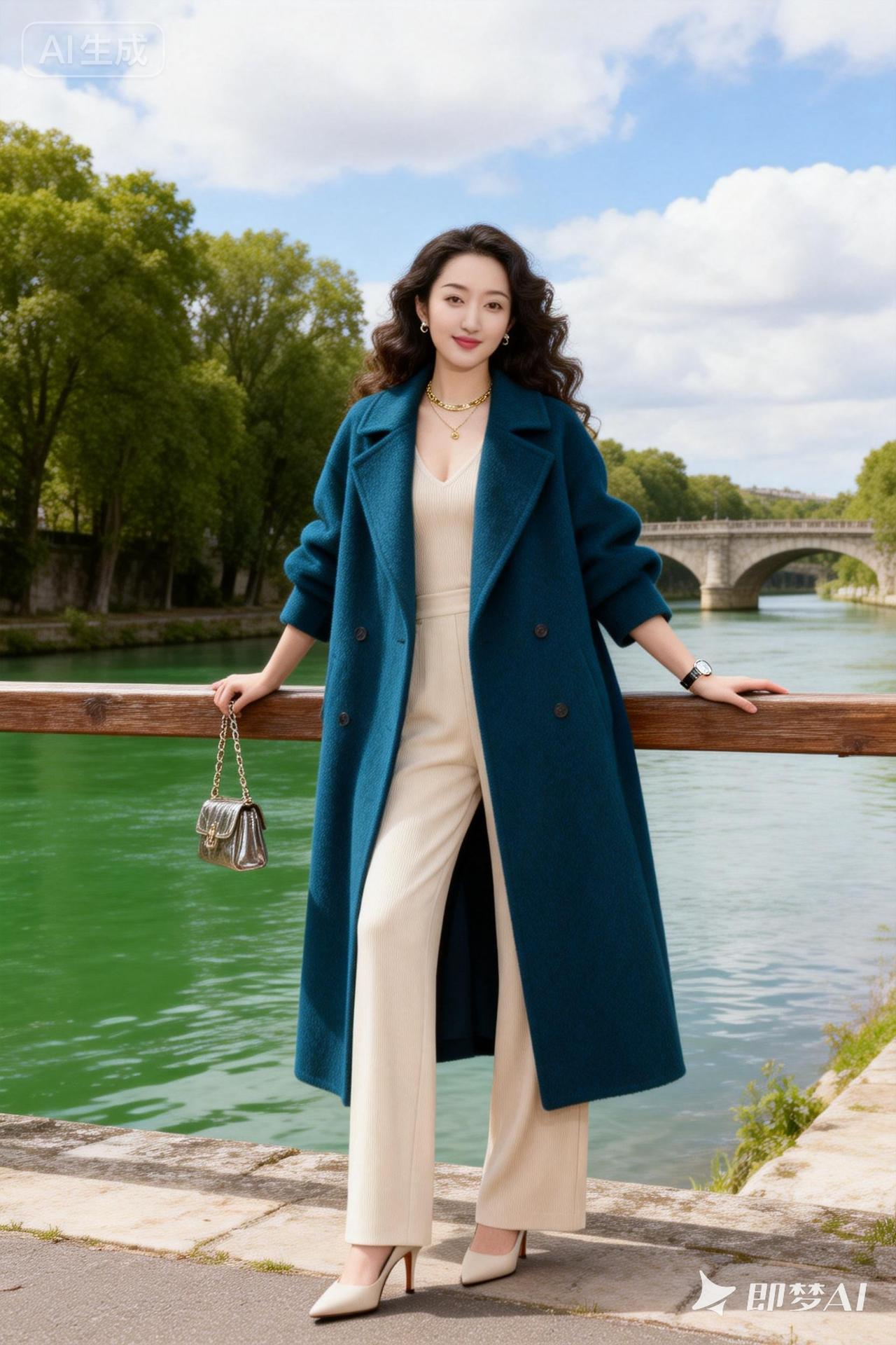 优雅漫步在河畔，蓝绿色大衣与白色裤装完美搭配，尽显时尚气息。