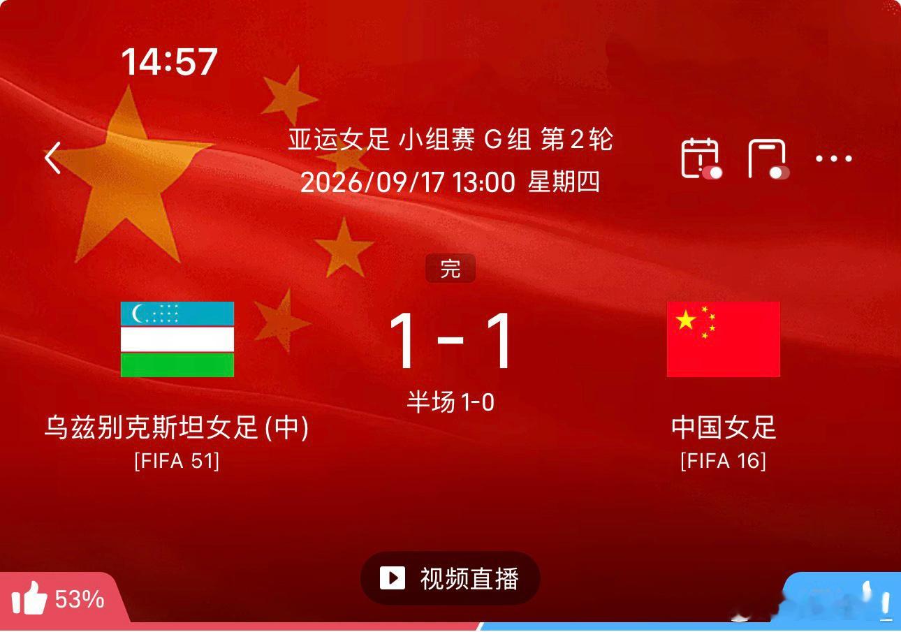 9月17日讯中国女足1比1乌兹别克斯坦战平乌兹别克斯坦可惜！中国女足没能拿下比赛