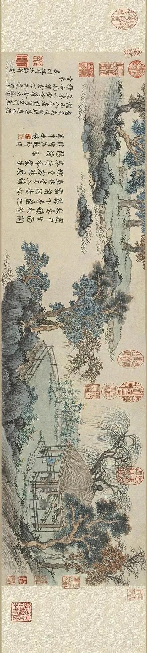 沈周《盆菊幽赏图》 ，纸本设色，23.4x86cm，辽宁省博馆藏。
图中生面开，