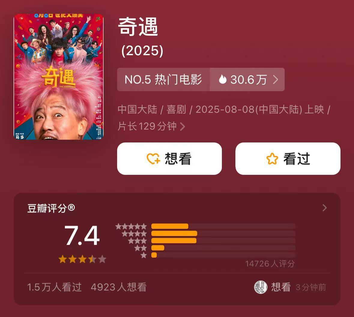 奇遇开分7.4 奇遇豆瓣开分7.4分 《奇遇》开分7.4！这高分直接秒杀一大片电