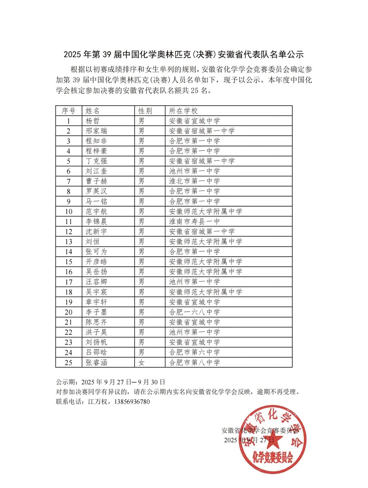 安徽省39届化学奥林匹克国家集训队25人名单公布：榜单虽小，内含的信息量不小。