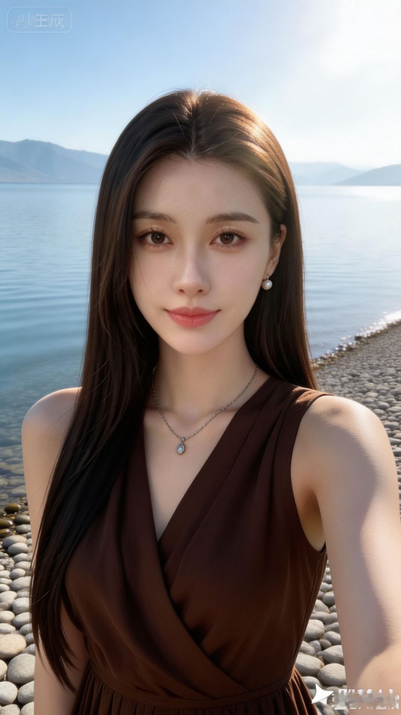 这位美女在湖边自拍呢。