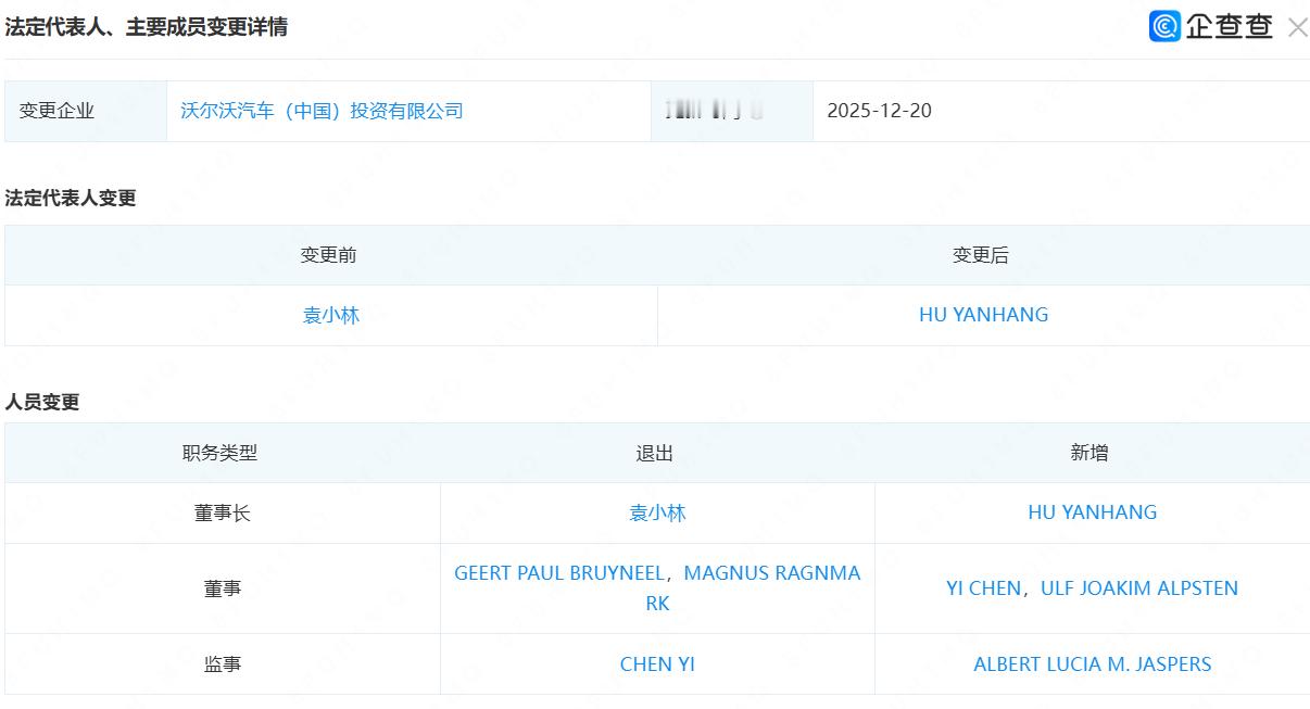 沃尔沃回应换帅是事务性调整 沃尔沃中国法人和董事长发生变化，从袁小林变更为胡彦杭