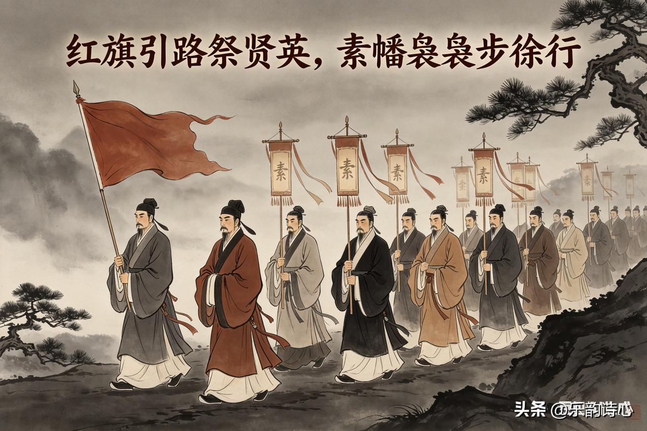 《清明祭英烈》乐韵诗心原创诗词:
红旗引路祭贤英，
素幡袅袅步徐行。
八旬翁媪擎