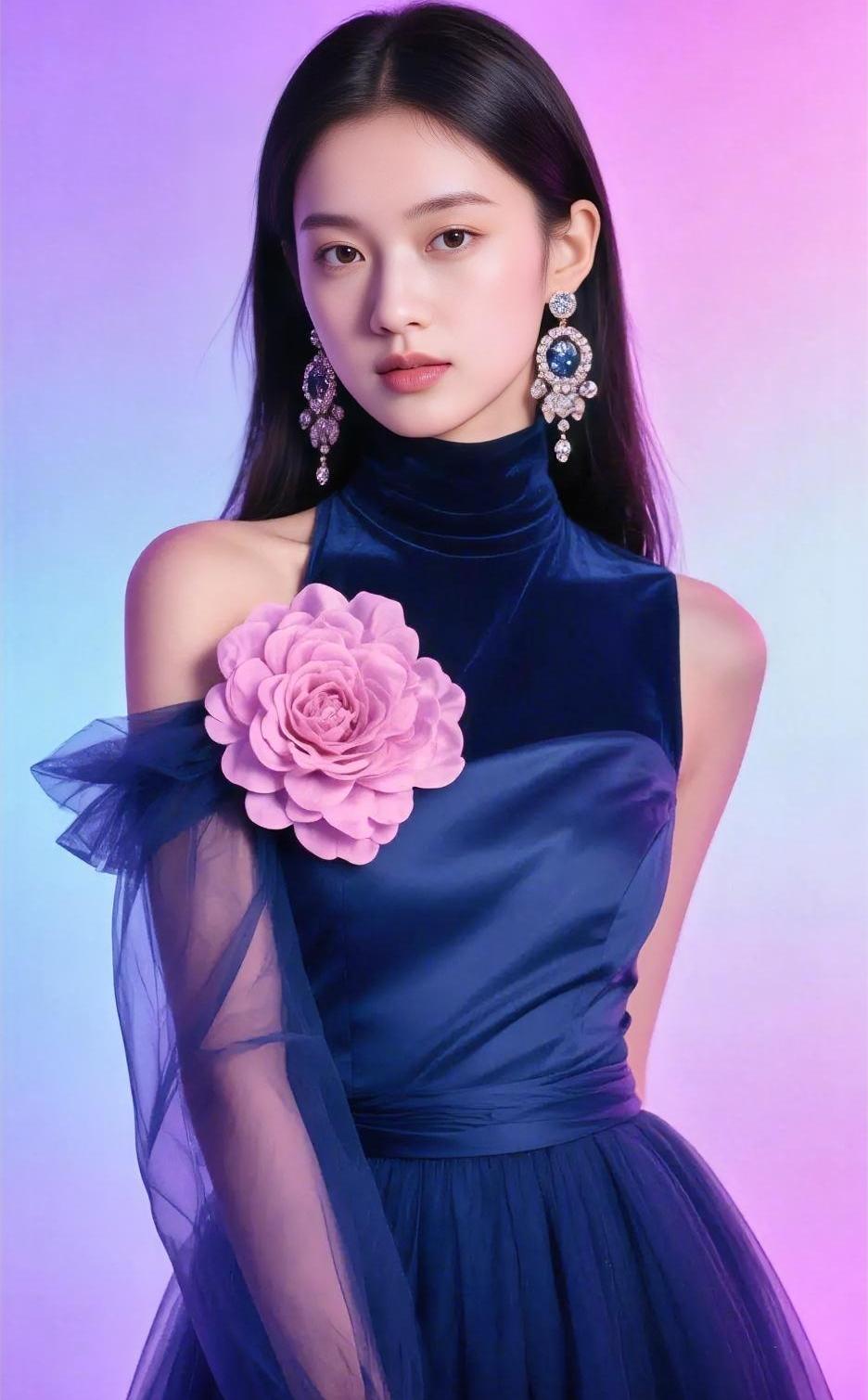 霓虹一转，深蓝便有了温度。

绒肩托花，粉蕊轻舒。

耳畔星摇，纱袖含雾。

不