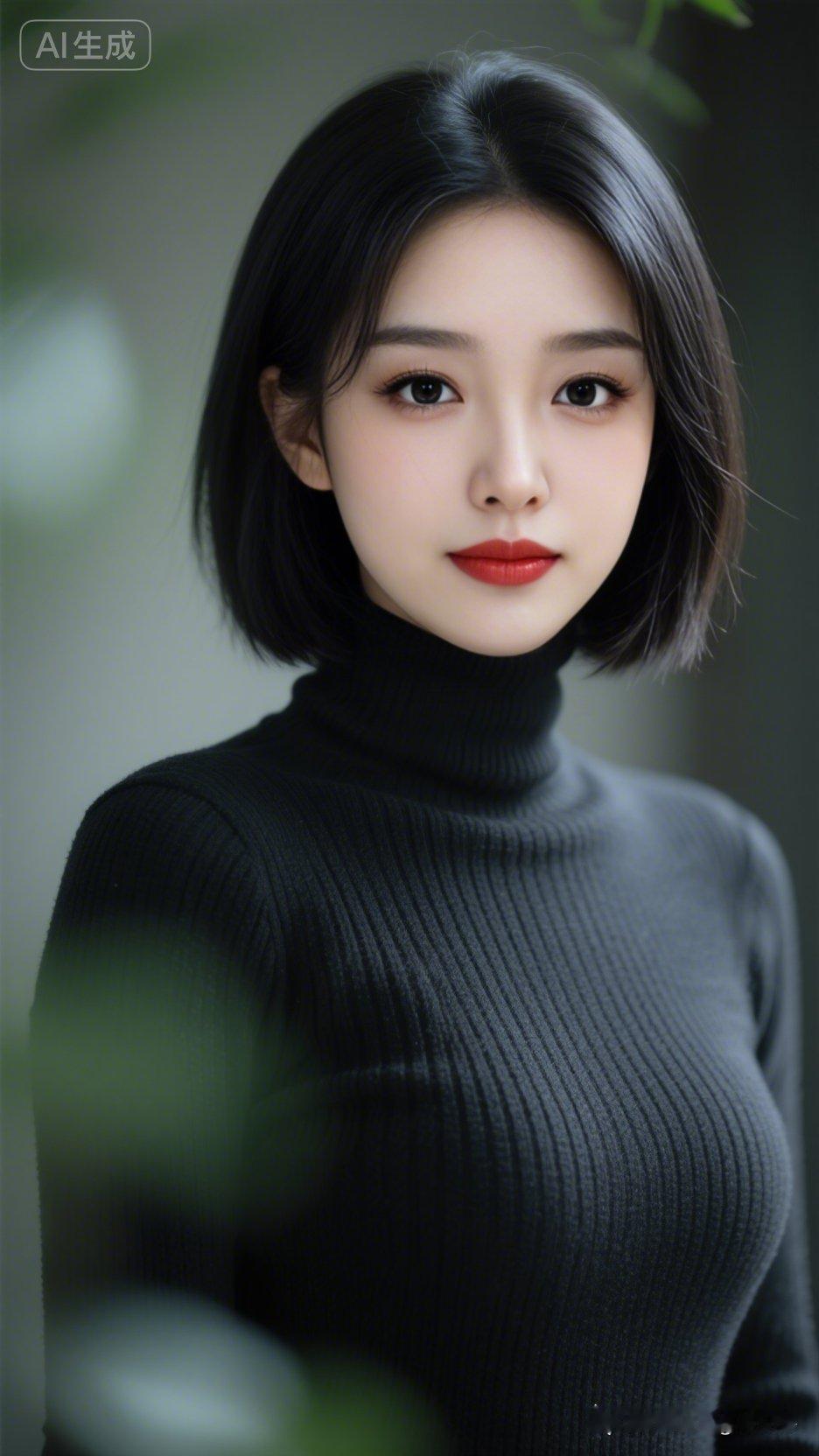高颜值女子肤白貌美兼具甜酷清冷气质。身着黑色高领罗纹针织衫，身姿曼妙体态松弛。伦