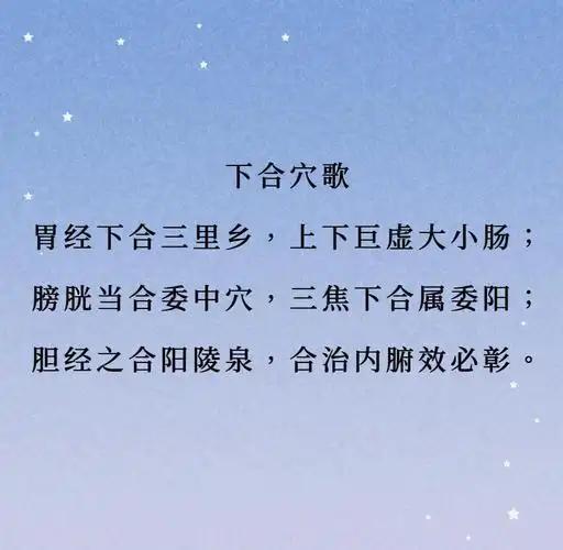 【下合穴口诀】
胃大小足上下，胆三胖，阳痿中
优化口诀
胃合三里，大小肠巨虚上下