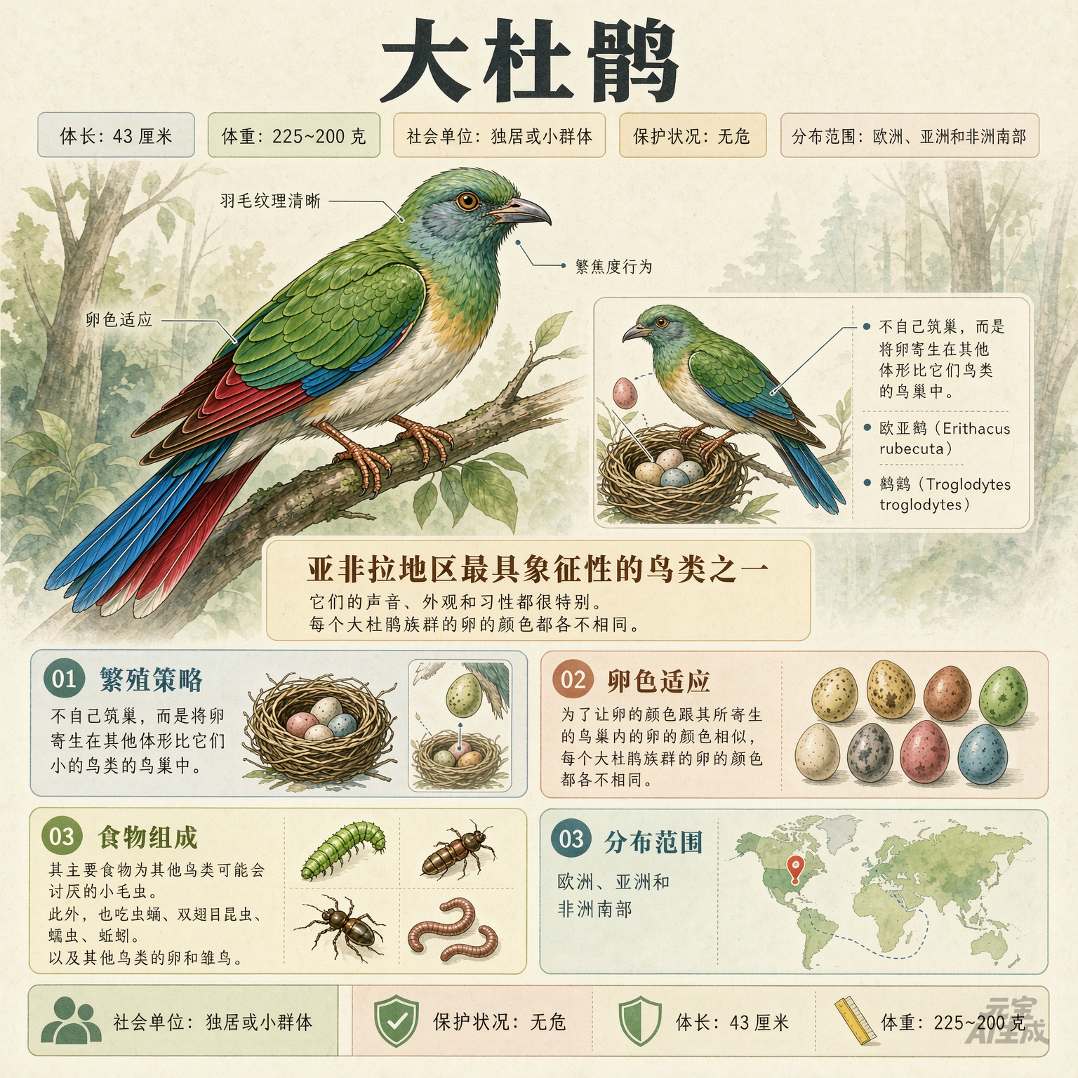 鸟类朋友图鉴 大杜鹃体长：43 厘米体重：225~290 克社会单位：独居或小群