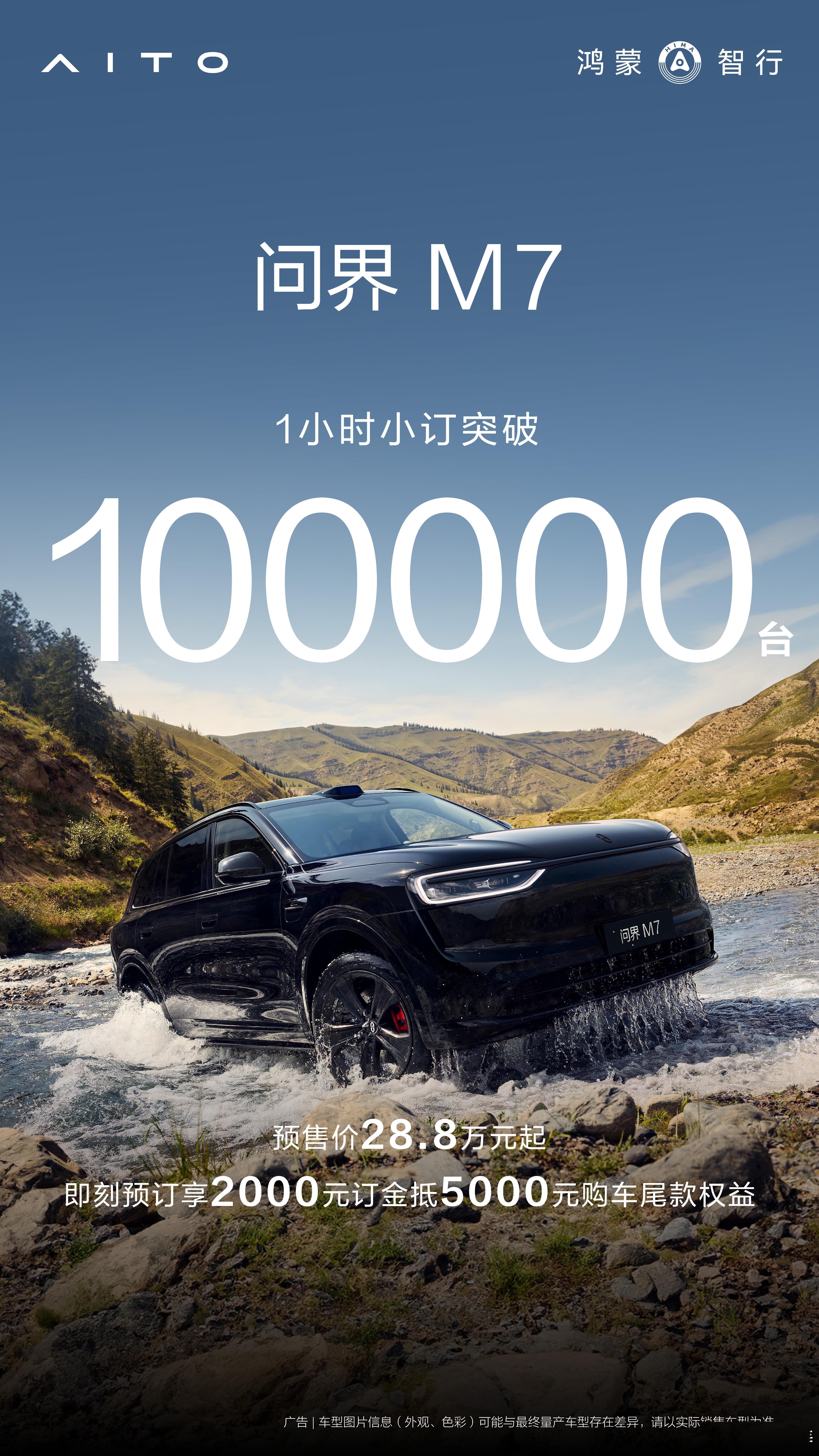 全新问界M7一小时小订突破10万台全新问界M7一小时小订突破10万台！这个数据真