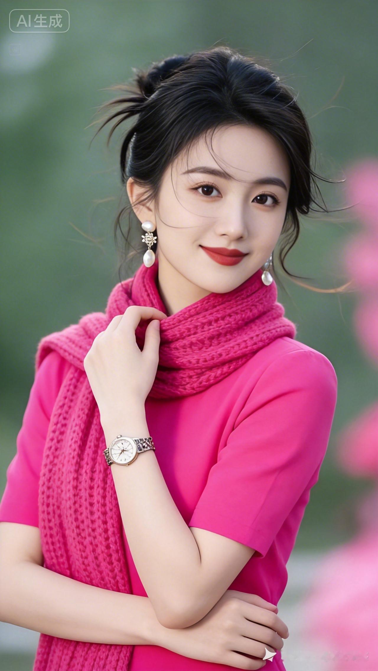 甜美粉嫩少女风，粉色毛衣+围巾，搭配珍珠耳环，温柔动人！💖🌸