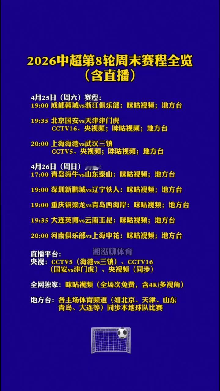 2026中超第8轮周末赛程全览(含直播)。
·19：00成都蓉城vs浙江俱乐部：