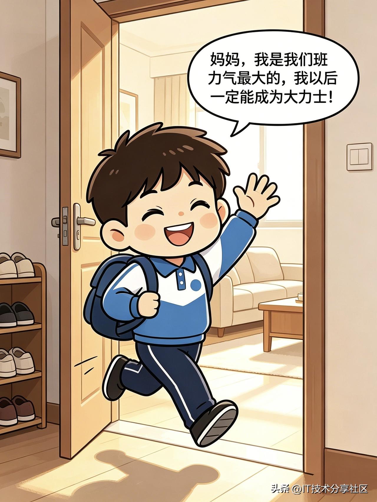 一次小明放学回到家后对他妈妈说：“妈妈，我是我们班力气最大的，我以后一定能成为大