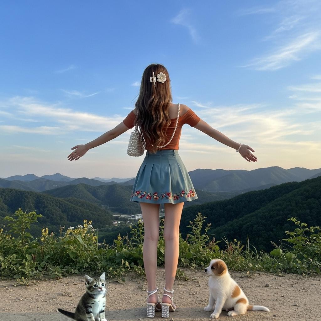 夕阳洒落金辉，山峦层叠如画，情侣相拥于山间小径，温柔一吻定格浪漫瞬间。她裙摆轻扬