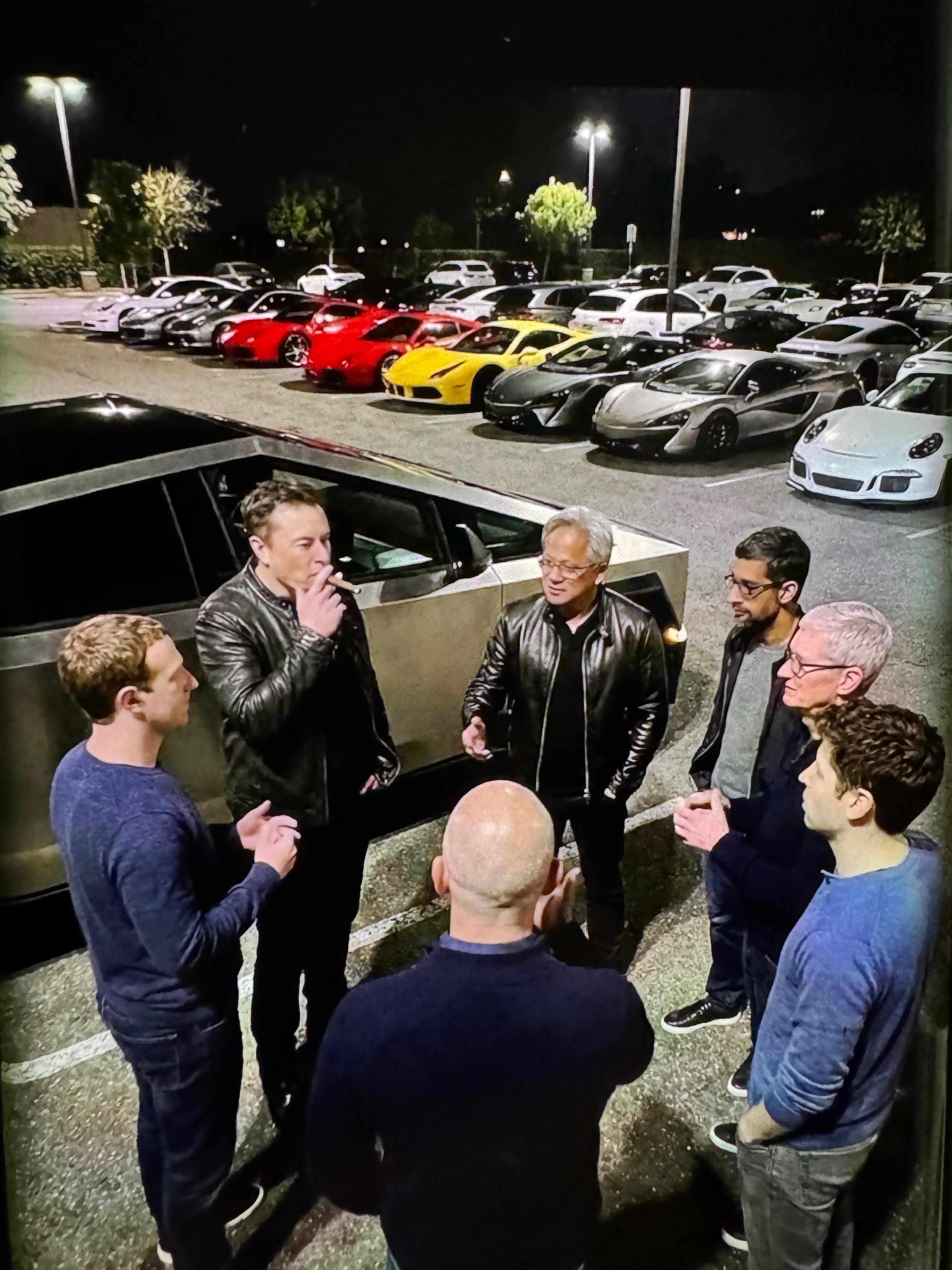 硅谷顶流深夜“车库局”？马斯克叼雪茄站C位，身后超跑排排坐——黄法拉利、灰迈凯伦