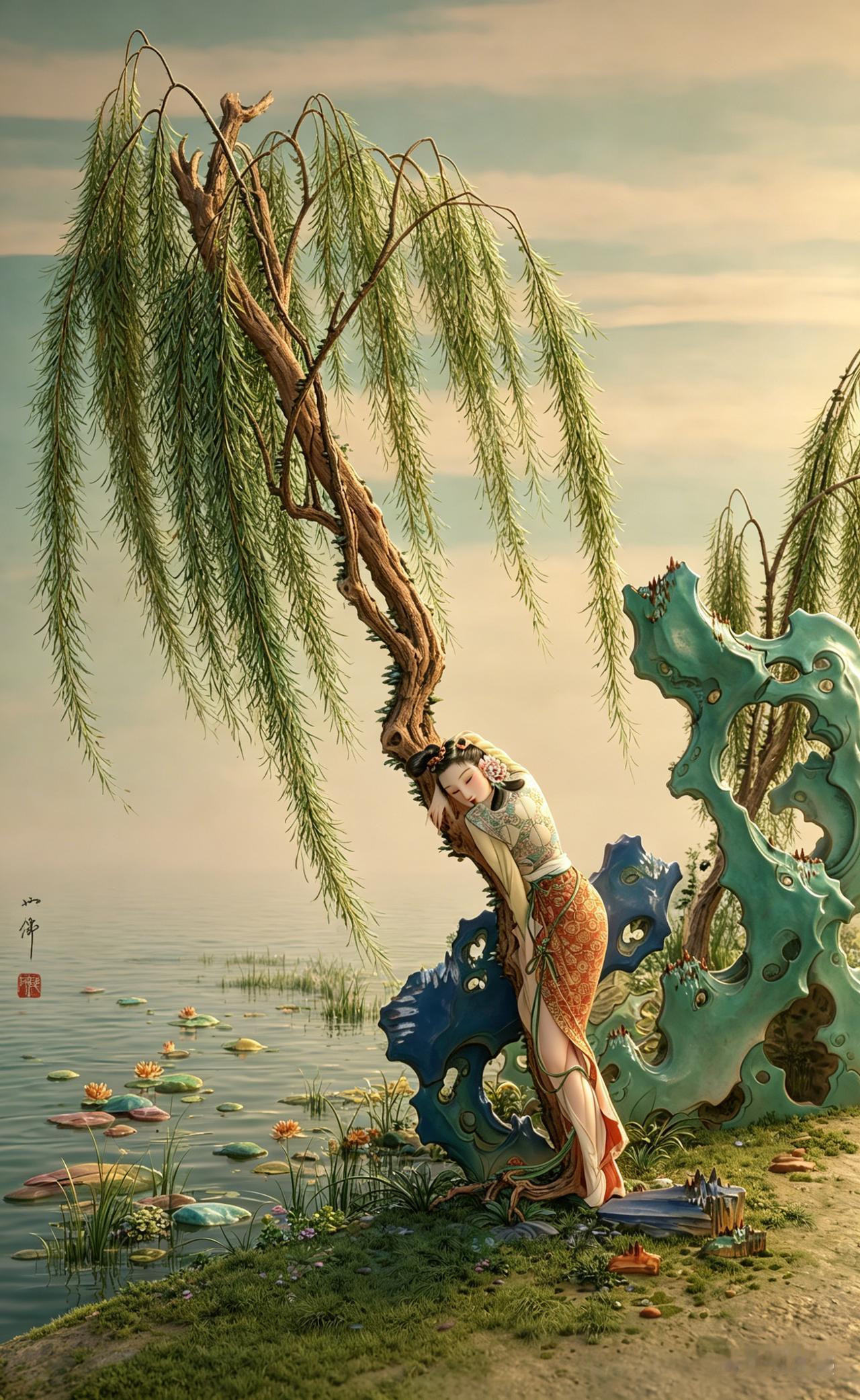 胡也佛《柳荫仕女》(AI)

古典仕女的柔媚，全都揉进了3D化的经典幻境。
垂柳
