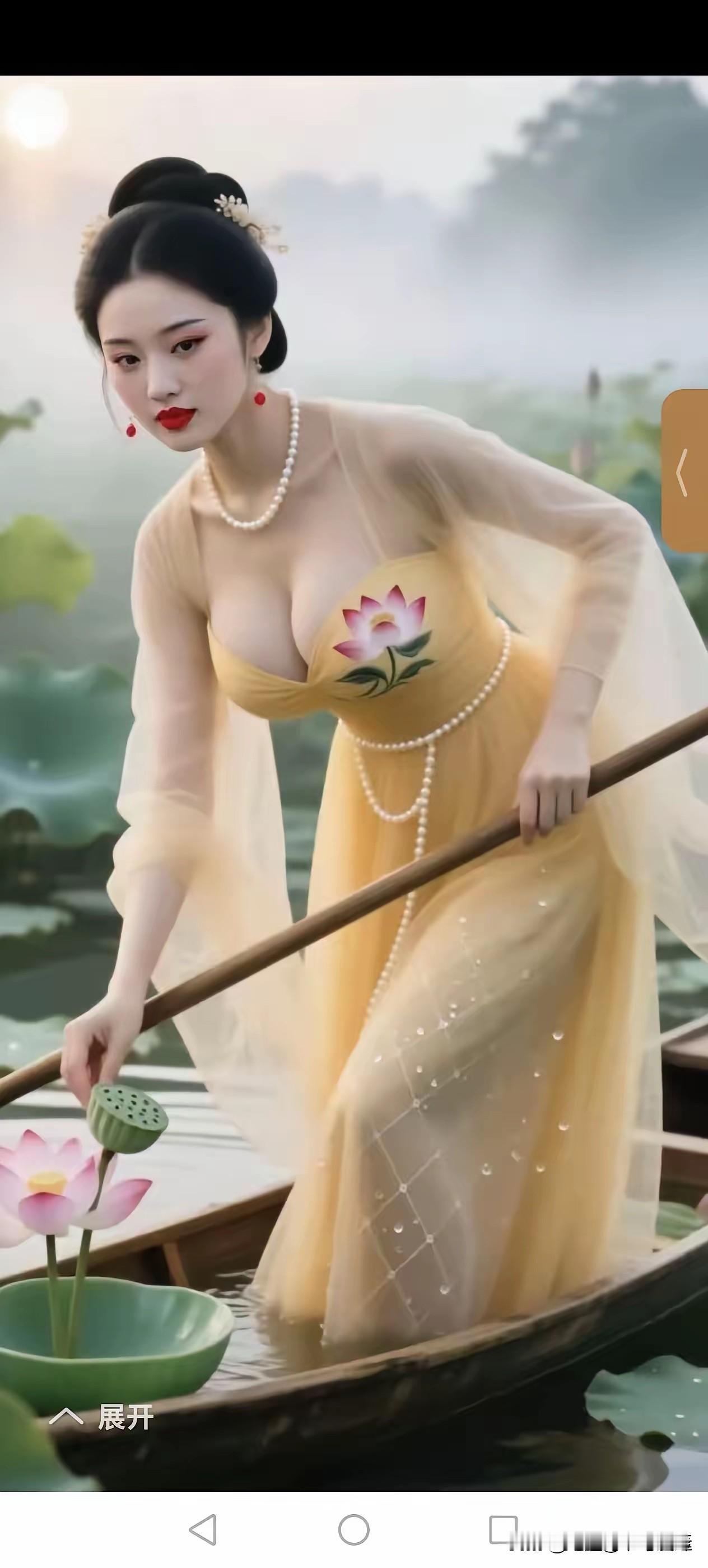 荷间仙姝
 
雾气笼着池中心，
小船轻轻摇啊摇，
美人坐船赏荷花，
模样娇俏真好