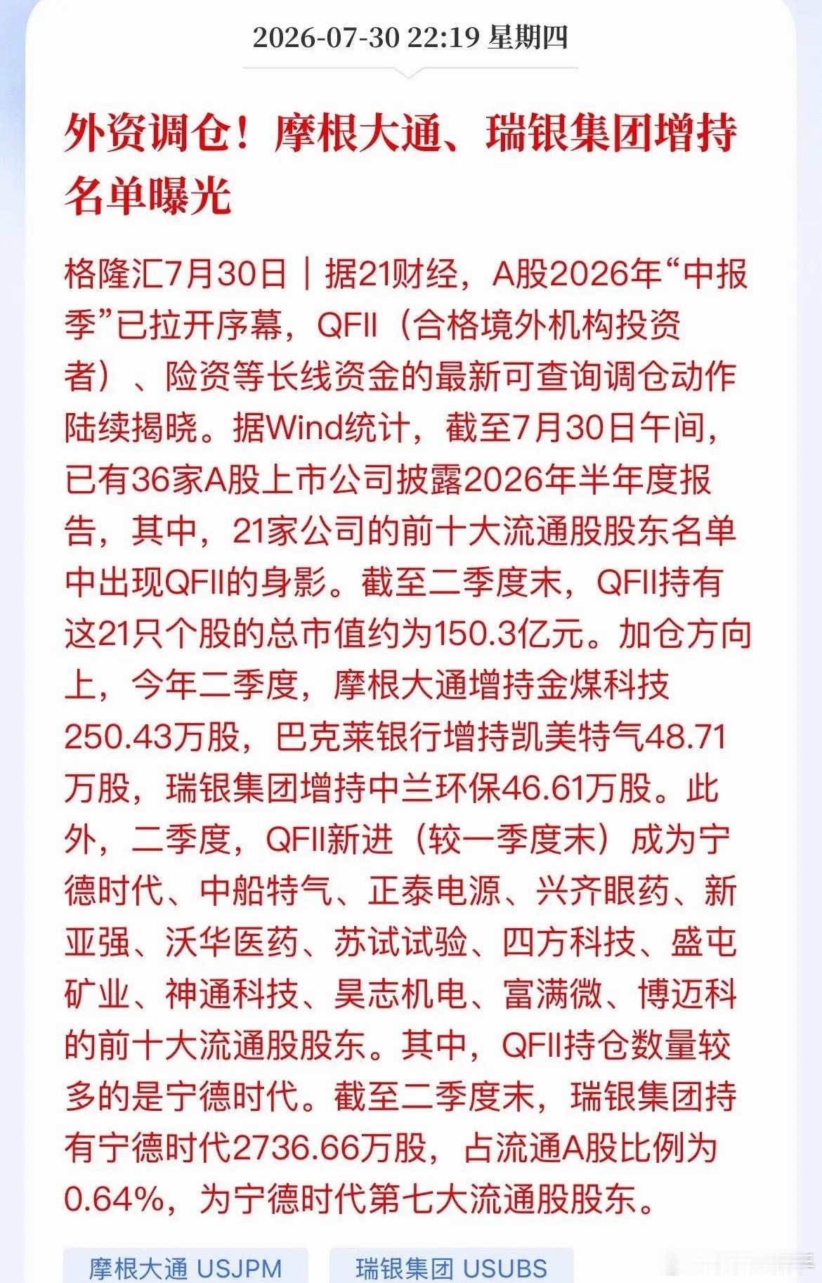 外资悄悄布局A股！摩根、瑞银二季度大幅加仓个股名单出炉中报陆续披露，机构持仓情况