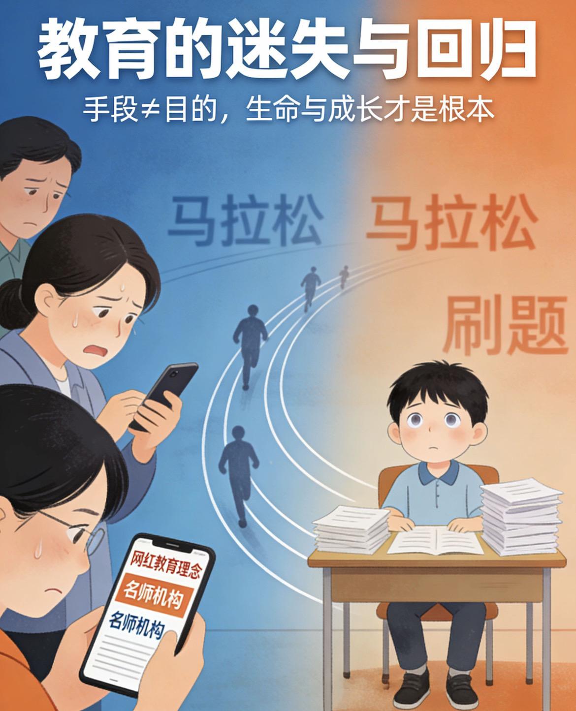 把手段当成了目的。就像狂跑马拉松、疯狂刷题的人一样，在向外追逐名利与流量的路上，