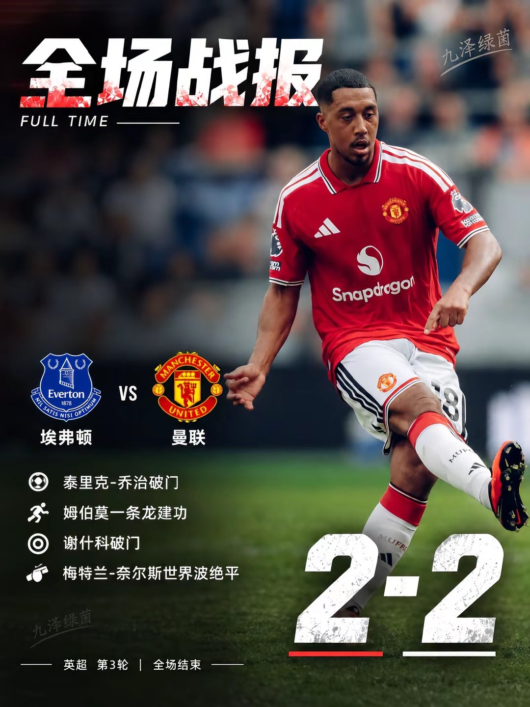 曼联2-2埃弗顿！奈尔斯读秒世界波绝平。英超第3轮，埃弗顿主场迎战曼联。下半场姆