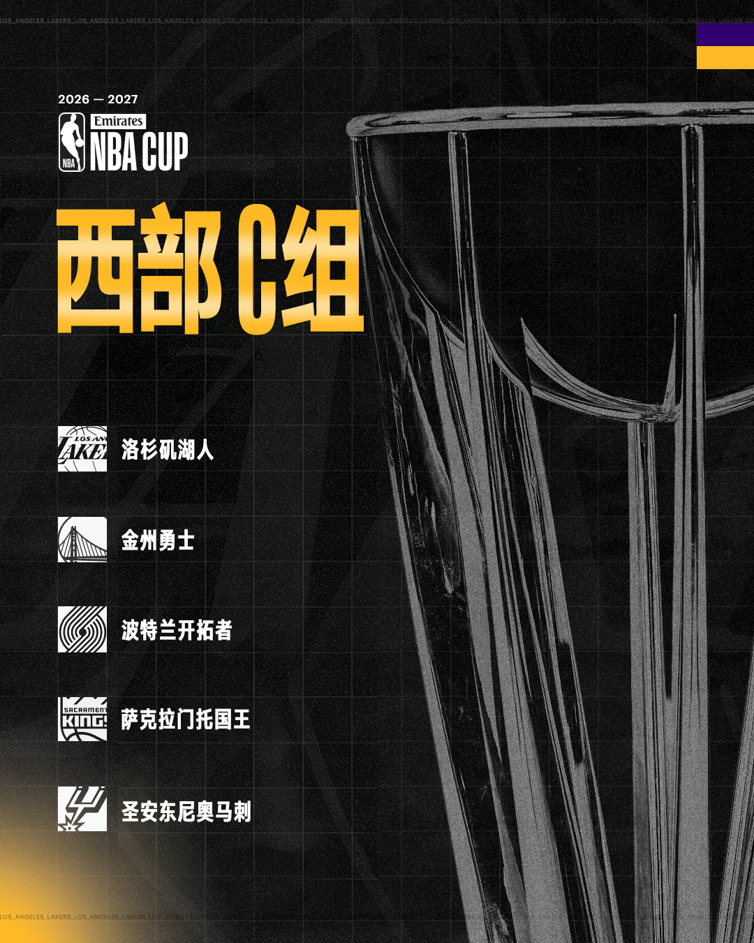 新赛季NBA杯分组出炉🔥我们和勇士、开拓者、国王、马刺同分在C组。湖人国度 洛