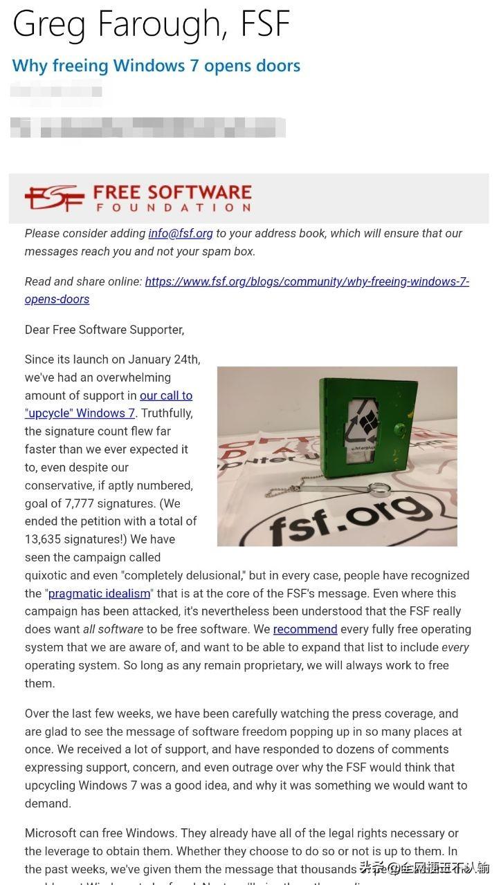 FSF发起了个开源Win7的运动来恶心微软，然后这封邮件被outlook归类为垃