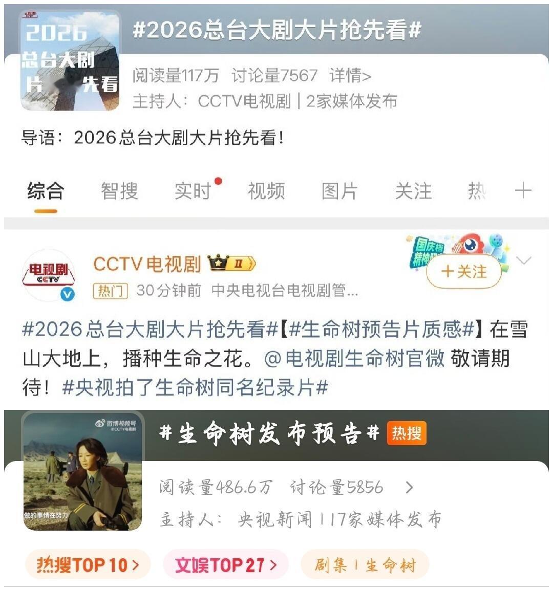 今天大剧名单两个词条置顶都是杨紫生命树，央视也只同步发了这部✨ ​​​