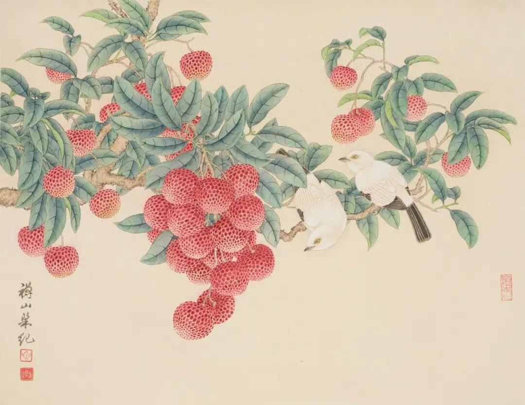 《红荔珍禽图》：这是梁纪的代表作之一。画面中枝头荔枝果儿累累，红彤彤的外皮鲜艳诱