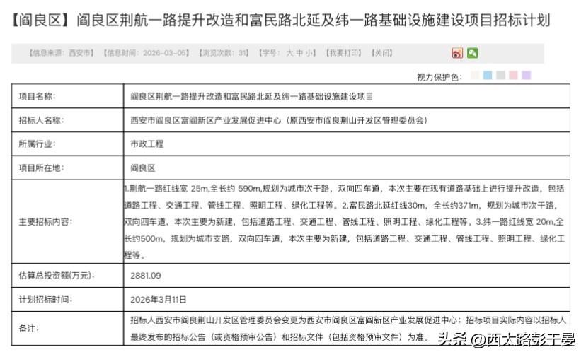 总投2881万！阎良3条道路齐招标，打通航空城民生路网“最后一环”

西安阎良交