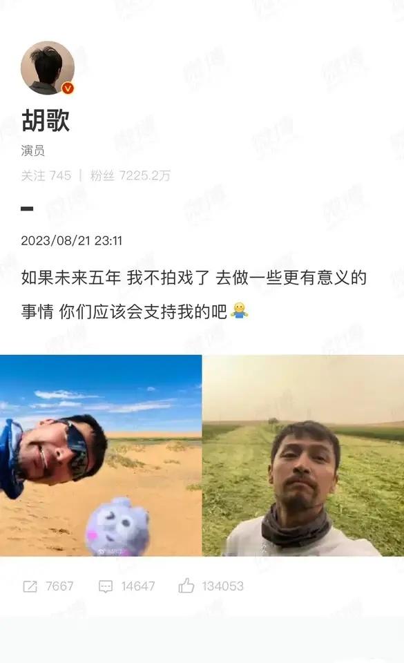 胡歌是要逐步退圈了吗？胡歌在网上发言，如果未来五年不拍戏要去做更有意义的事，希望