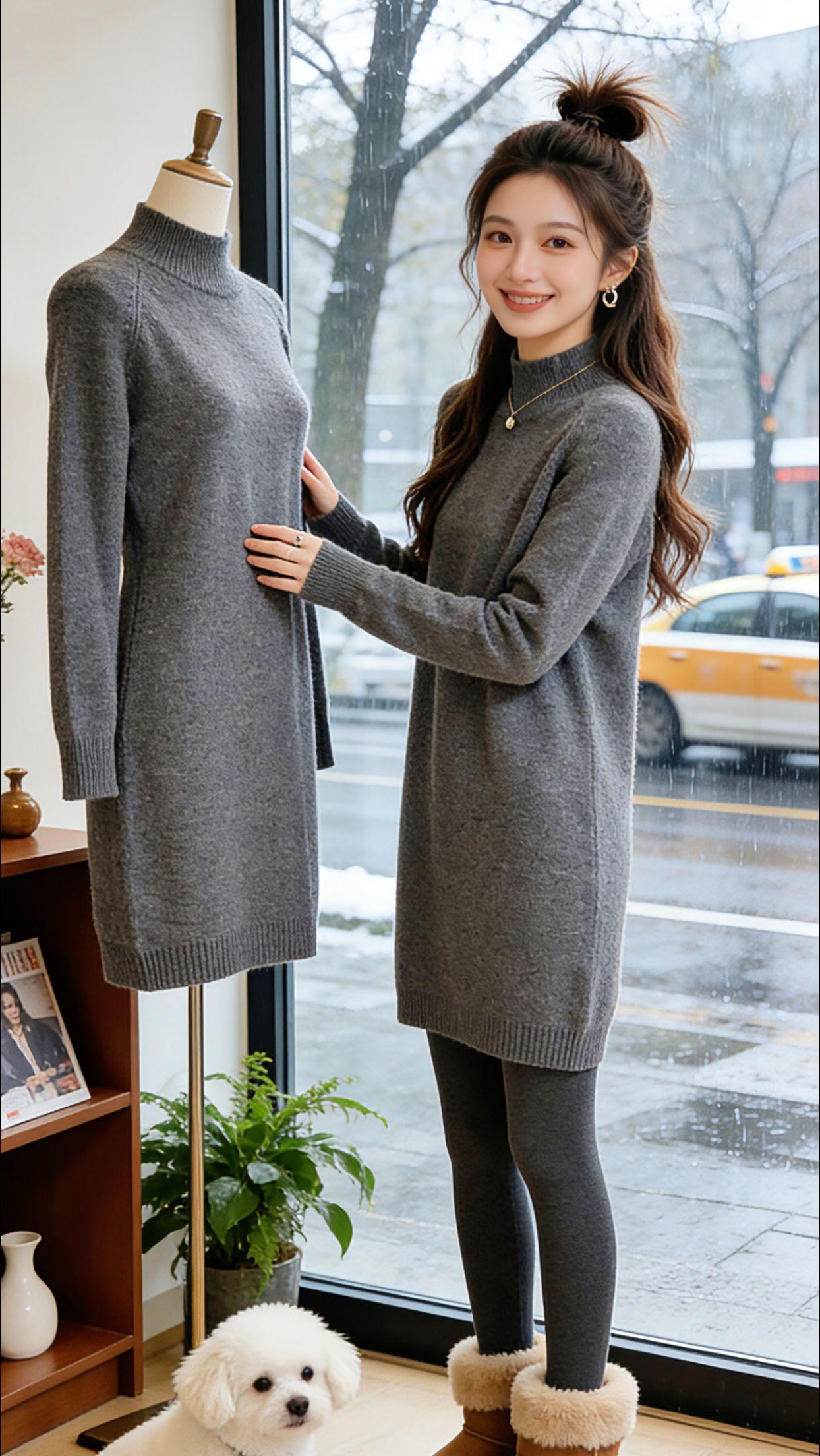 降温的清晨，Danny套上这件半高领毛衣裙，外搭大衣就出门了。软糯的面料贴肤保暖