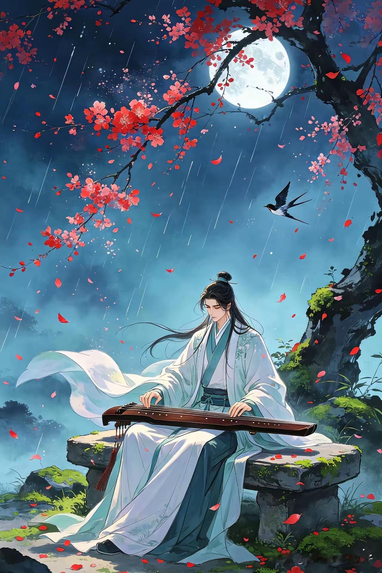 打油诗
月照红梅落满身，
公子弹琴很认真。
燕子飞来听一曲，
天籁之声遇知音。