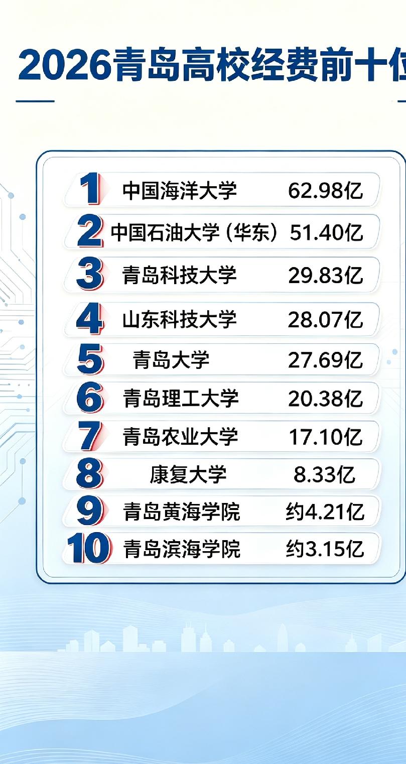 青岛高校经费排名：前两名毫无悬念，第三名才是真正的隐形王者
 
2026年青岛高